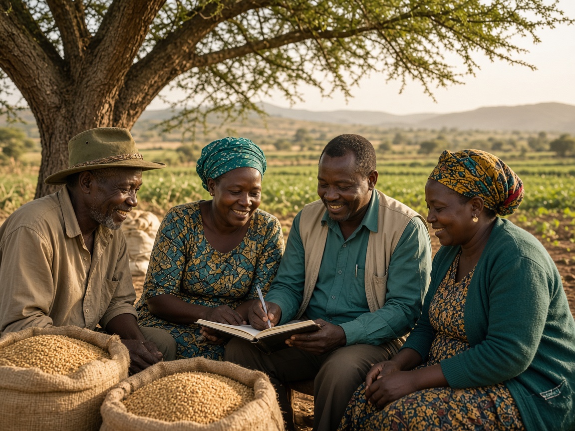 Farmers from a cooperative sitting together under a tree, planning with a notebook