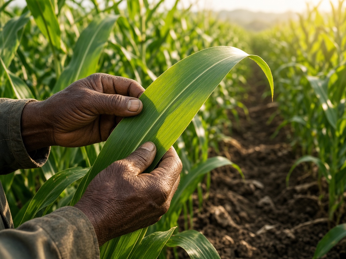 A farmer's hands checking a healthy green maize leaf in the field